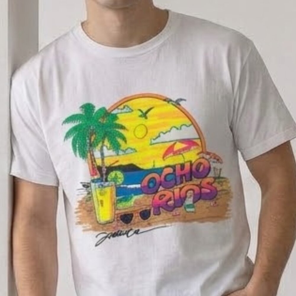 Vintage 1992 Ocho Rios Jamaica Neon Print T-Shirt Single Stitch Tee Men's XL